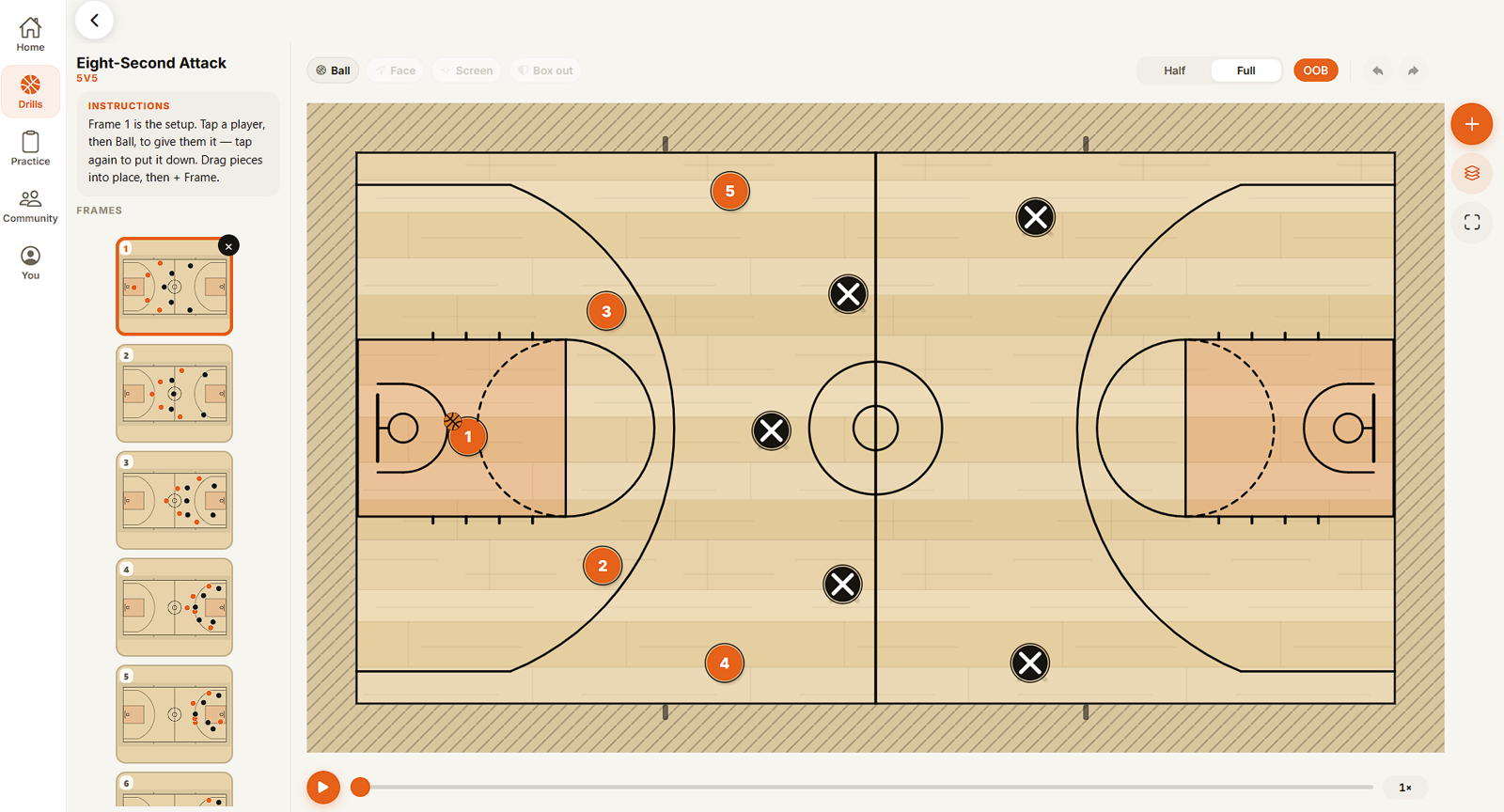 The play editor: five attackers and five defenders on a full court, a Ball, Face, Screen and Box out toolbar above it, a Half / Full / OOB switch, a column of numbered frame thumbnails down the left, and a playback scrubber underneath.