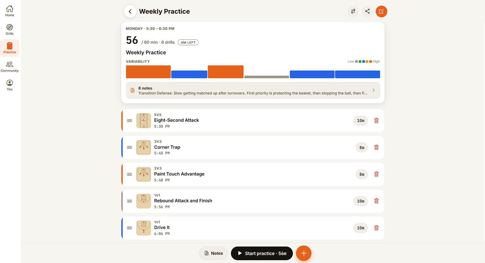 A practice called Weekly Practice: 56 of 60 minutes across six drills with four minutes left, a coloured variability bar, a notes summary, and each drill listed in order with its start time and length above a Start practice button.