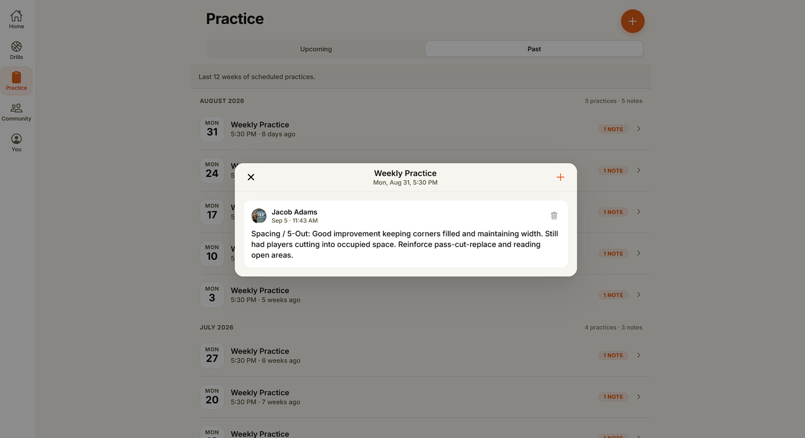 The past-practice list grouped by month, each session showing its date and a note count, with one note open reading a coach's observation about spacing and cutting into occupied space.